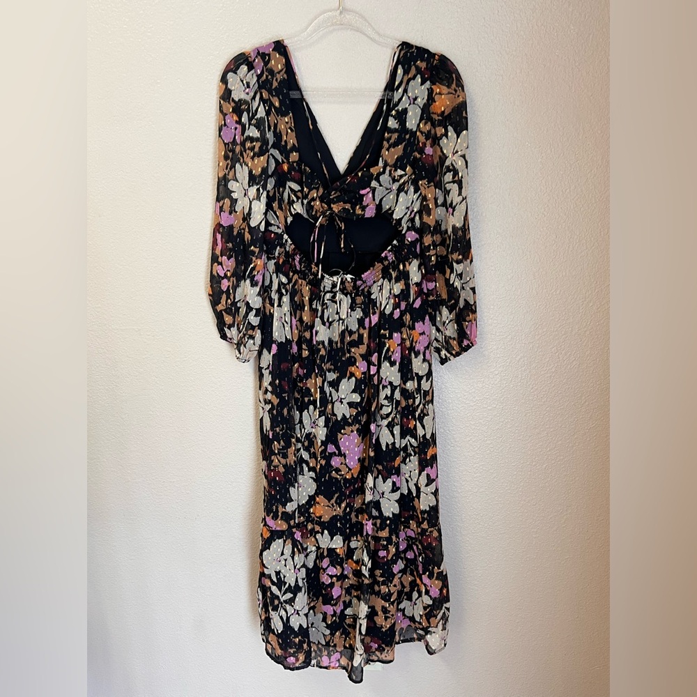 LOFT NWT Metallic Clip Gardenia Cutout High Slit Floral Maxi Dress Size SP - Picture 3 of 15